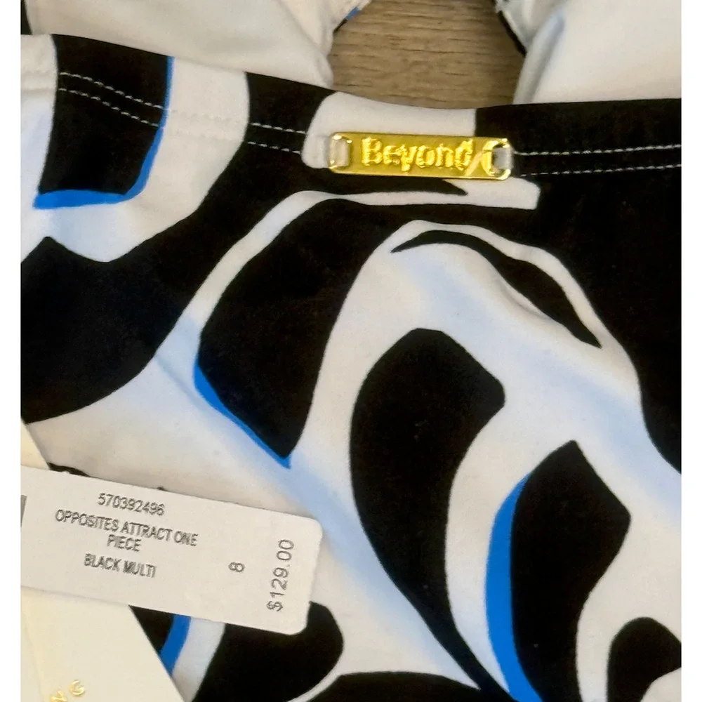 NWT BEYOND CONTROL BLACK MULTI OPPOSITES ATTRACT ONE PIECE SWIMSUIT SZ 8